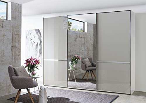WIEMANN Montreal Kleiderschrank, Schwebetürenschrank, Schlafzimmerschrank, mit Schiebetüren, mit Spiegel, Breite 300 cm, weiß, Glas Kieselgrau, Griffe Chrom, B/H/T 300x216x67 cm