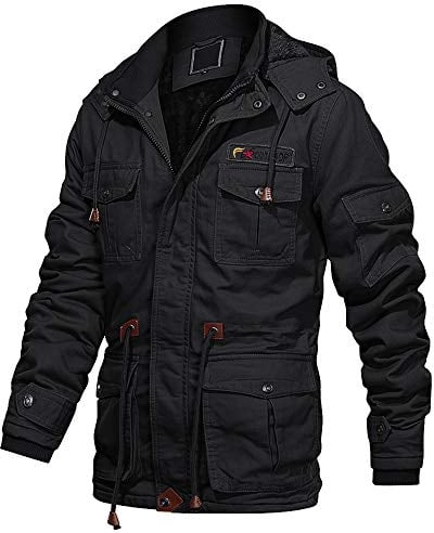 EKLENTSON Herren Übergangsjacke Militär Jacke Baumwolle Warme mit Abnehmbare Kapuze Cargo Schwarz, XL