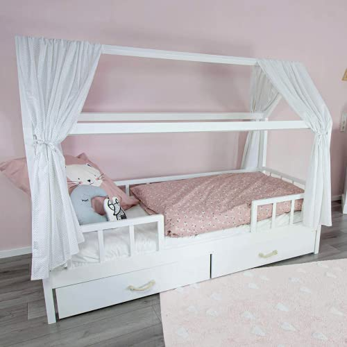Puckdaddy Linnea | Hausbett Vorhang | 146 x 298 cm | 2er-Set Stoffhimmel | 100% Baumwolle | Weiß | Pünktchen Muster | Hochwertiger Bettvorhang für das Kinderzimmer