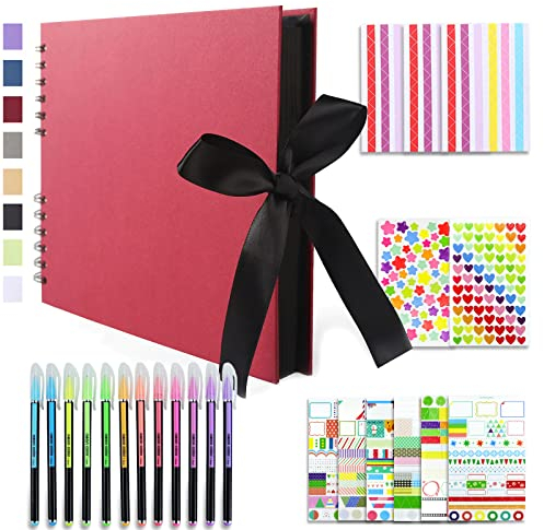 Vienrose Fotoalbum Zum Selbstgestalten 28,5 x 21 cm DIY Fotobuch 80 Seiten Seidenband Bastelpapier Album für 160 10x15 Fotos Baby Familie Valentinstag Geburtstag Jahrestag Geschenk Rot