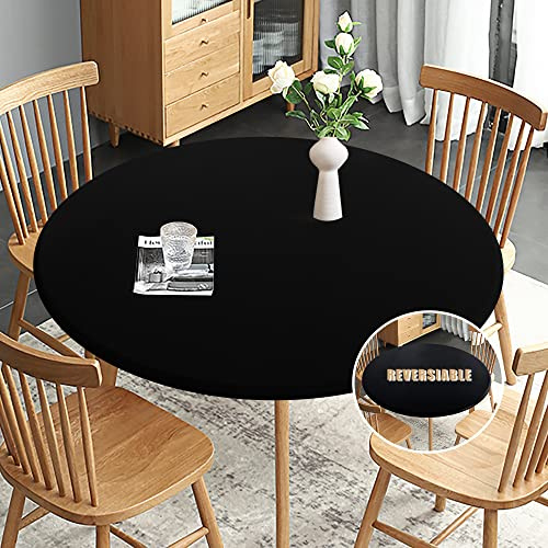 Obstal Passgenaue runde Tischdecke, wendbar, wasserdicht, schmutzabweisend, elastisch, Stretch-Tischdecke, passend für runde Tische mit einem Durchmesser von bis zu 101.6 cm – 111.8 cm, schwarz