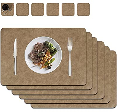 Platzset Abwischbar, Leder Untersetzer Und Tischset 6er Set, Platzdeckchen Abwaschbar Doppel Verdickte 45x30cm, Für Hause Küche Restaurant Und Hotel (Rindsleder Muster + Leichter Kaffee)