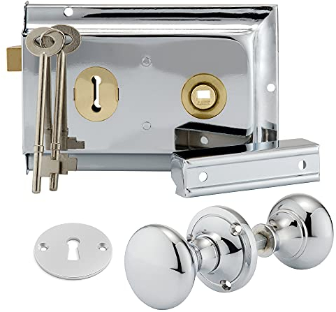 XFORT Premium Range 6x 4 Traditional Polished Chrome Rim Lock Set with Rim Knob, Surface Door Lock with Latch, Shed Lock with Key, Vintage Garden Gate Lock, for External Sheds, Gate or Doors