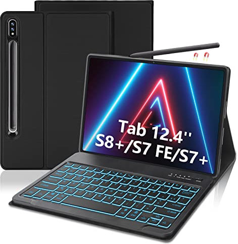 AVNICUD Étui Clavier pour Samsung Galaxy Tab S7 FE/S7 Plus/S8 Plus 12,4, AZERTY Français Clavier Bluetooth Rétroéclairé Magnétique Détachable Coque for S8+/S7+/S7 Fe, Noir