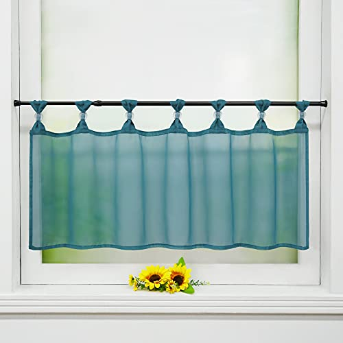 Delien Uni Scheibengardine Voile Bistrogardinen mit Schlaufen Küche Kurzstore Einfarbige Transparente Kurzgardine Cafe Stores Gardine Kurzer Vorhang BxH 120x60cm,Grünblau