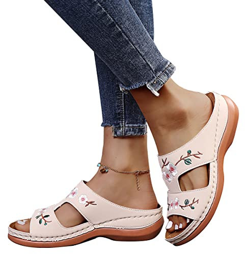 Onsoyours Sandales Compensees Femme Confortable Mules Été Plateforme Bout Ouvert Rome Chaussures Vintage Pantoufles pour Plage Vacances Slippers D Beige 39 EU