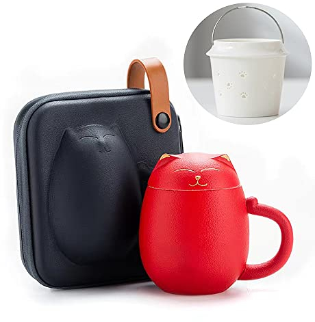 Entonic Cat Mugs with Infuser and Lid, Cute Tea Cups Kawaii Mug in Ceramic for Steeping Loose Leaf, Handmade Porcelain Teacup Teapot for Home Office, Portable Shatterproof Case 350ML (Red)