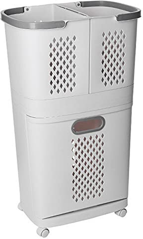 3 Compartment Laundry Washing Basket Clothes Storage Hamper Bin On Wheels Handle