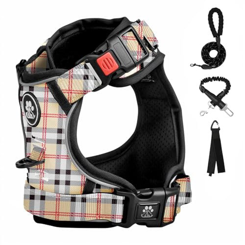 FURRYFECTION Plaid Hundegeschirr für mittelgroße Hunde, kein Ziehen, reflektierendes Haustiergeschirr, verstellbare Vorderleine und Sicherheitsgurt, Beige & Weiß
