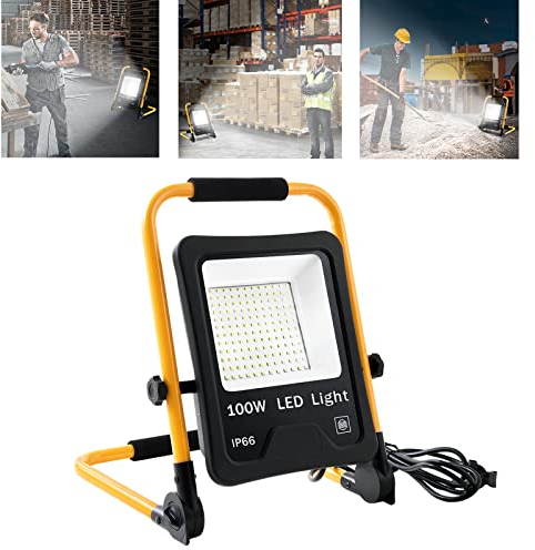 LZQ LED Baustrahler 100W Kaltweiß Scheinwerfer inkl. Standgestell und Netzkabel, Arbeitsleuchte IP66 Wasserdicht Arbeitsscheinwerfer mit Stecker, Bauscheinwerfer für Werkstatt Baustelle Garage
