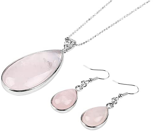Ladies Matching Jewellery Set for Women Pink Rose Quartz Stone, Necklace Pendant & Drop Earrings & Jewellery Gift Box (Rose Quartz)