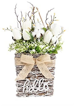 Spring Tulip Cotton Wreath Artificial Flower Flower Basket Wreath Welcome Garland Wreath Floral Door Reef for Farmhouse Front Door Home Decor,White