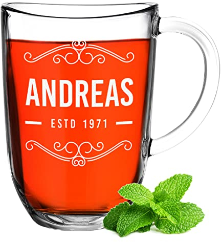 Leonardo tazza da tè in vetro con incisione – 365 ml tazza da tè personalizzata in vetro – vetro termico isolato – bevande calde – tazza con manico per caffè e tè – regalo di compleanno – Natale