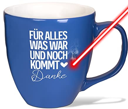 PR Print Royal XXL Jumbotasse graviert mit Spruch - Danke - Hochwertige Porzellan-Tasse mit Gravur, hochglänzende Oberfläche, Geschenk Beste Freundin Geburtstag Weihnachten | Pacific Blue, 400 ml