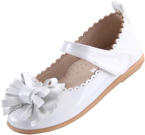 EIGHT KM Toddler Girls Dress Shoes Mary Jane Princess Wedding Ballet Flats Shoes EKM7063 Patent Leather Bow White UK Size 8