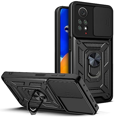 BOKYAS Armor Hülle für Xiaomi Redmi Note 12 Pro 4G mit Slide Kameraschutz Cover und Ring Ständer [Handyhülle Kompatibel Mit Auto Magnet] Militärischer Stoßfeste Case, Schwarz