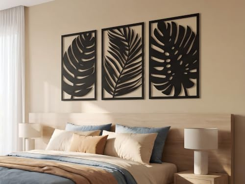 Vailla Feuilles Tropicales Déco Murale Bois 3D – Tableau Salon Chambre XXL | MDF, Découpé au laser, Feuilles tropicales Monstera, 5 tailles, Noir Argent Or, personnalisable, Salon Chambre