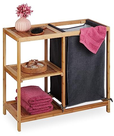 Relaxdays Wäschekorb Regal Bambus, 3 Ablagen, herausnehmbarer Stoffsack, HBT: 65x68x33 cm, Wäschesammler Bad, Natur/grau