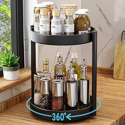 devesanter Lazy Susan Turntable, 2 Tier 360°Lazy Susan Cupboard OrganizerTurntable, Spin Multi-Functional Spice Rack for Kitchen Storage and Organization Pantry (Metal Steel Black 25cm)