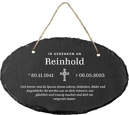 Gedenktafel aus Schiefer (oval) | personalisiert mit Name, Datum und Wunschtext | Trauertafel | individuelle Grabbeigabe | Schiefertafel zum Aufhängen