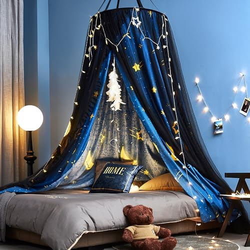 Kertnic Wunderschöner Betthimmel mit Stern-Aufdruck für Mädchen und Erwachsene, dekorativ, gemütlich, Bettvorhang, Baldachin, runde Kuppel, luxuriöse Spitze, Prinzessinnen-Vordächer, Moskitonetz