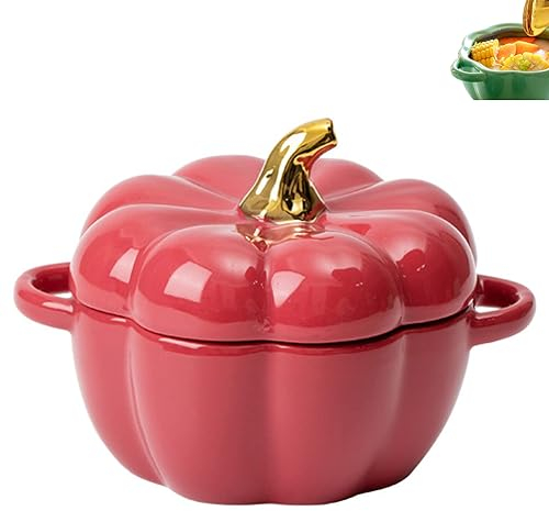leprix Kürbis Suppenschüssel, Kürbis Nicht Stick Keramik Dish, Mode Kreative Geschirr Dessert Obst Suppe Schüssel, Keramik Eintopf Topf Kürbis Form Vorratsglas (Rot)