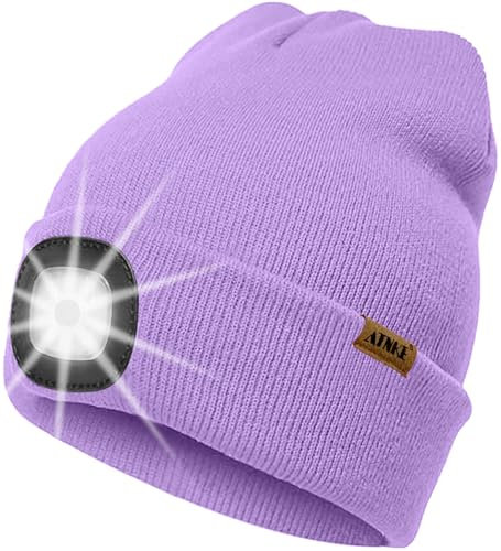ATNKE LED Beleuchtete Mütze mit Licht,Wiederaufladbare USB 4 LED Beleuchtete Laufmütze Extrem Heller Lampe Winter Warme Stricken Mütze Technik Geschenke für Herren und Damen/Taro Purple