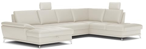 Cavadore Wohnlandschaft Castiel mit Federkern / Sofalandschaft mit XL-Longchair, Bett, Bettkasten, Sitztiefenverstellung, Kopfstützen und Metallfüßen / 363 x 89-104 x 223 / Echtleder, Weiß