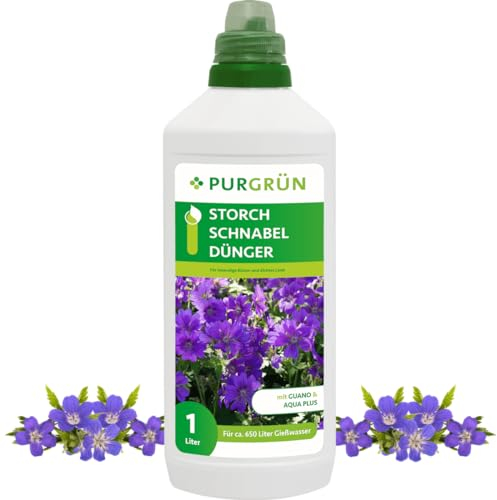 Purgrün® Storchschnabel-Dünger 1 Liter – Organisch-mineralische Rezeptur – Premium-Flüssigdünger mit Spurennährstoffen – NPK 8+8+6 – Mit Guano & Aqua Plus – Für lebendige Blüten