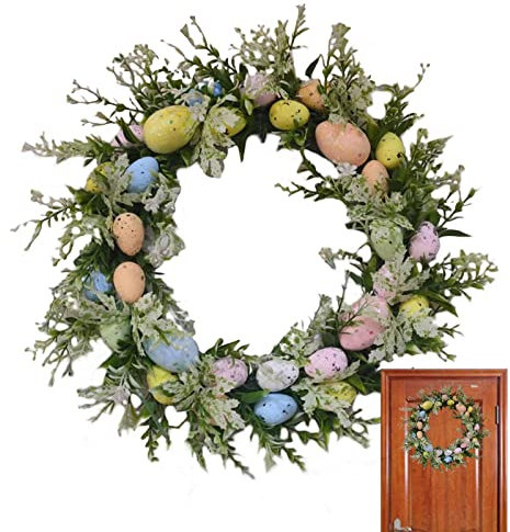 PEKMAR 35cm Ostereierkranz Haustür, Osterkranz mit bunten Eiern und Blumen, Frühlings-Ostern-Kranz mit bunten Eiern für die Haustür, Fensterkranz