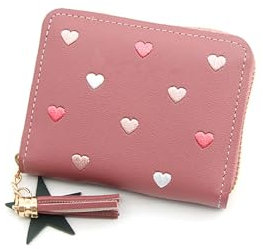 CLKE Porte Monnaie Fille en PU Cuir,Portefeuille Femme Mignon avec Pendentif,4 Emplacements Cartes,2 Sac à Monnaie,1 Poche à Fermeture Éclair,Moins de 10 Euros,Rose Foncé
