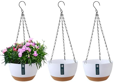 YuanDiann 3er Pack Hängende Blumentöpfe mit abnehmbarem Tablett, Selbstabsorbierende Hängepflanze Blumentopfkorb aus Kunststoff Außen Innen Blumenampel Haus Garten Balkon Dekoration Weiß 28.5cm