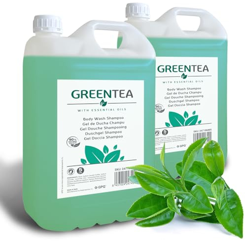 GPQ - Gel/Shampoo 2in1 GREEN TEA | 2 Kanister x 5 L. | Hotel-Annehmlichkeiten | 94% Natural Origin | Mit Conditioner, ohne Parabene | Hotel, B&B, Landhaus, Kreuzfahrt, Gym | Made in UE
