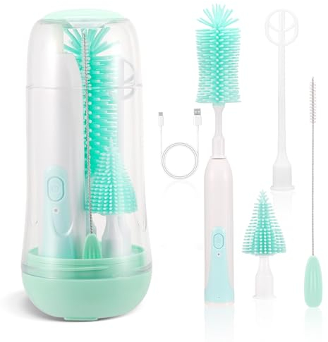 Electric Bottle Brush Set,Bottle Cleaner Kit with UV Steriliser,360°Rotation Bottle Brush Cleaner,Silicone Bottle Brush,Disinfection Box,Pacifier Brush,Straw Brush,Mixing Stick,Baby Travel Essentials