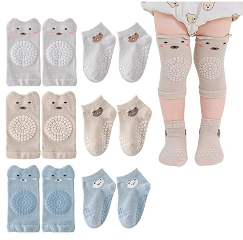 HDGSAFD 3 Pares de Calcetines para Bebé, 3 Pares de Rodilleras para Gatear, Juego de Gatear para Niños, Calcetines Antideslizantes para el Suelo, Cómodos