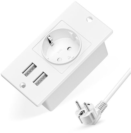 FlyGoer Versenkbare Steckdose 1 Fach, Einbau Steckdosenleiste mit 2 USB, Einbausteckdose Mehrfachsteckdose, Tischsteckdose, Tischplatte Versenkte Steckdose - 2M Kabel Weiß New