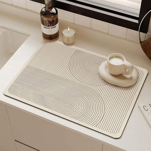 Odot Tapis Egouttoir Vaisselle, Tapis Absorbant Vaisselle Tapis Vaisselle Egouttoir Absorbant pour Comptoirs de Restaurant de Cuisine de Bar Café, Ligne Design Beige (40x70cm,Ovale)