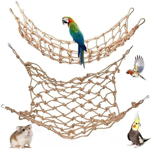 CQJ 2 Packs Natural Bird Rope Net Parrot Swing Hammock for Birds Parrot Ladder Macaw Hanging Hammock Activity Toy for Rats Parakeet Cockatiel Cockatoo Conure African Grey Budgie (S 12x8inch)