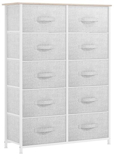 YITAHOME Kommode,Kommode mit 10 Schubladen,Schrank,Stoffschubladen mit Griffen,Kommodenschrank mit Stabiler Stahlrahmen,Dauerhaft,Hellgrau