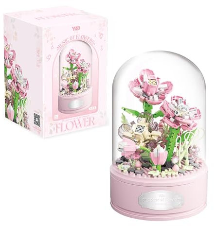 KBIBCK Blumenstrauß Bausteine, 438 Teile Künstliche Blumen Bausatz, Blumenstrauß Bausteine Set mit Spieluhr und staubdichter Kuppel, Kunstblumen-Sammlung, Bausteine Spielzeug, Heimdekoration(Gardenie)
