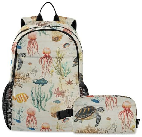 miaozhen Juego de mochila y lonchera con diseño de animales oceánicos, tortuga, medusas, para adolescentes, niñas, mochila escolar y lonchera para niños de 8 a 10 años, Ocean Animals Tortuga Medusa, 1