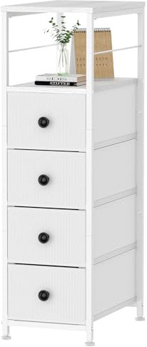 CADUKE Schmale Stoffkommode mit 4 Schubladen – Schubladenschrank für kleine Räume, Schlafzimmer, Bad oder Wohnzimmer – Metallrahmen und Holzplatte (Weiß)