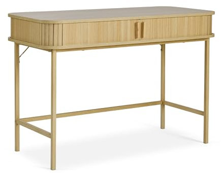 VonHaus Computer Desk for Home Office - Tambour Desk with Sliding Doors & Storage - Modern Scandi Look Console Table for Hallway - Light Wood Effect Slatted Design Vanity Table - Landos