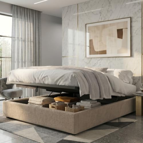 SAMPUR - XXL-Boxspringbett, Kolosseum, Stoff, Sandfarben, XXL Stauraum, bis 900 l, robust und breiter Öffnungswinkel (180 x 200 cm)