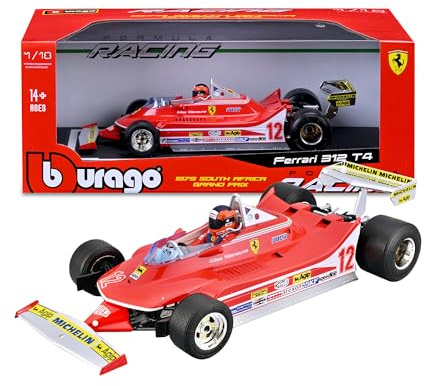 Bburago - Ferrari 312 T4 GP South Africa Winner 1979#12 Gilles Villeneuve, 1:18 Scale Model Car, Historic Replica with Driver, Detailed Features, Ferrari Licence, Recommended Age 14+ Years