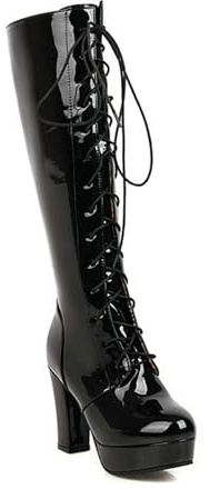 Stivali Alti da Donna con Lacci, Tacco Grosso, Suola a carrarmato,Nero,37 EU