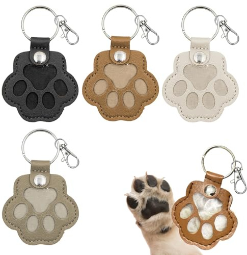 LAXISCREED 4 Stück Haustier Haar Andenken Schlüsselanhänger – Pfotenform Leder Schlüsselring, Aufbewahrung für Tierhaare, Erinnerungsgeschenk für Hunde- & Katzenliebhaber