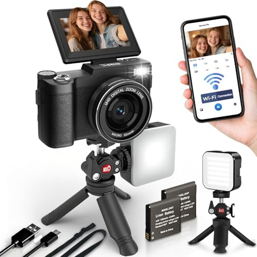 5K Digital Camera with WiFi Vlogging Camera for Photography | 64MP, 4K,Flip Screen, Wireless Connection, Slow Motion, Time-lapse, Video Camera with Selfie Light, Desk Tripod, Batteries