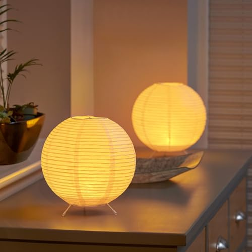 Auraglow Reispapier Tischlampen Rund 2er Pack, Batterie Kabellos 2000K | Warmweißes Laternenlicht, Drahtgestell Schirm, tragbar für Schlafzimmer, Wohnzimmer und Esszimmer, Kerzen Stimmung
