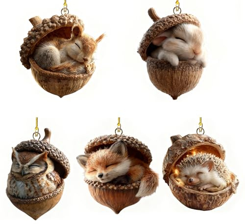 5pcs Weihnachtsbaum Eichhörnchen Anhänger Waldtier-Eichel-Ornamente 2D Weihnachtsbaum Anhänger für Zuhause